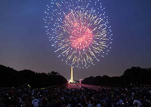 Fireworks illuminate the night sky over the Washington Monument